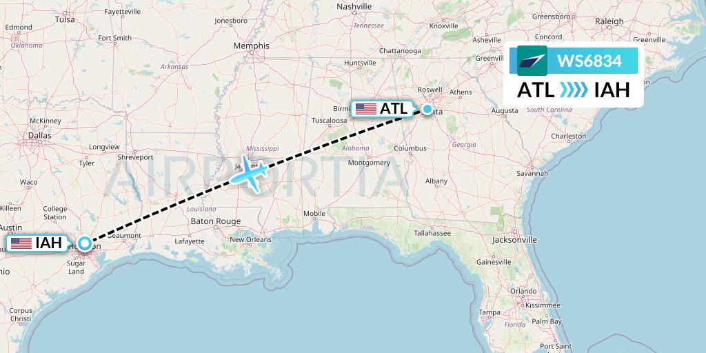WS6834 WestJet Flight Map: Atlanta to Houston
