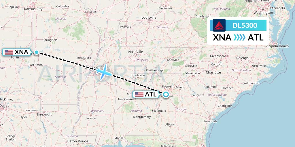 DL5300 Delta Air Lines Flight Map: Bentonville to Atlanta