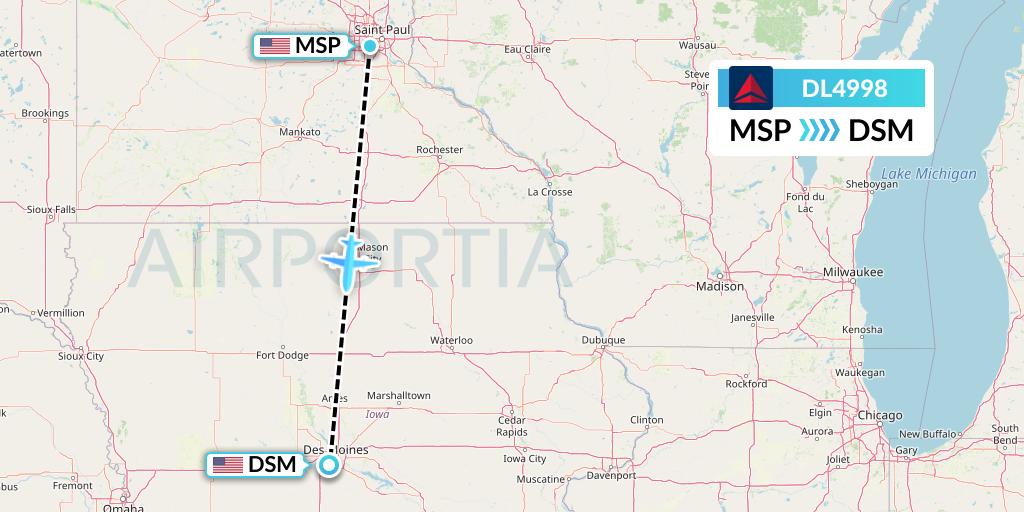 DL4998 Delta Air Lines Flight Map: Minneapolis to Des Moines