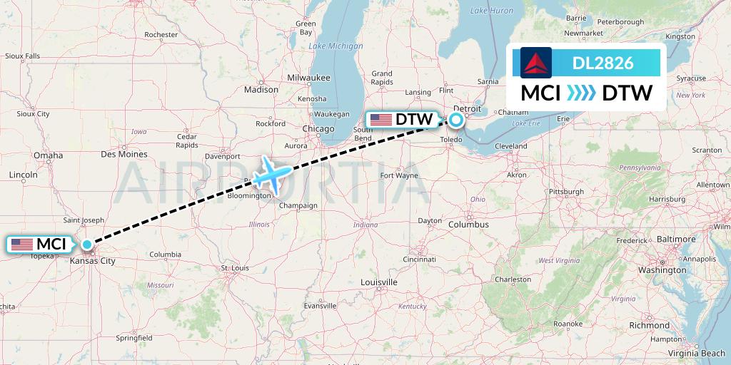 DL2826 Delta Air Lines Flight Map: Kansas City to Detroit