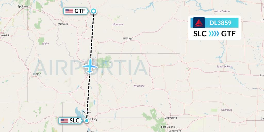 DL3859 Delta Air Lines Flight Map: Salt Lake City to Great Falls