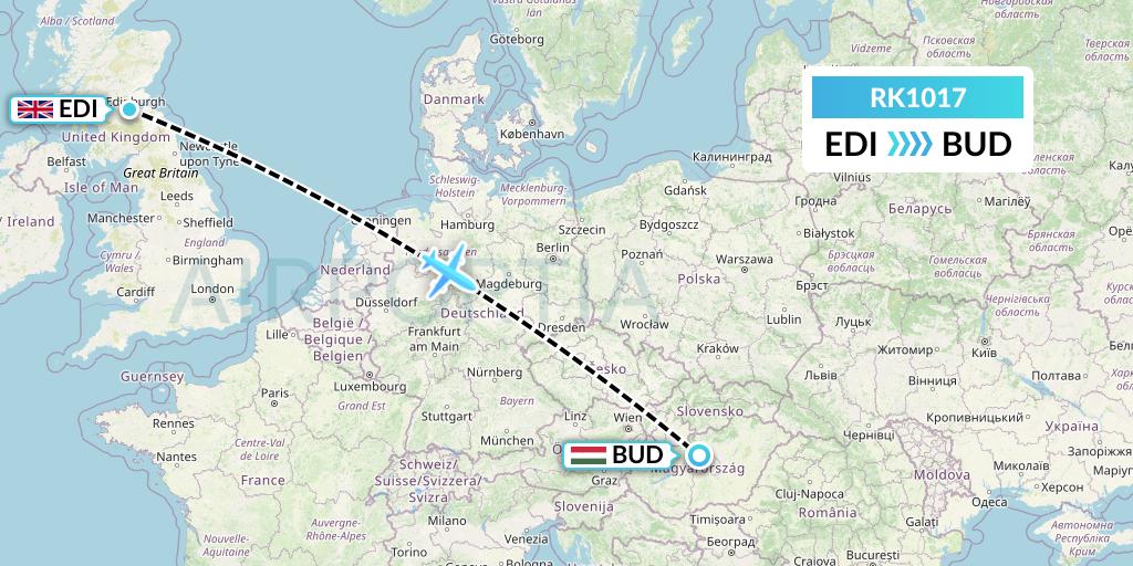 RK1017 Ryanair UK Flight Map: Edinburgh to Budapest