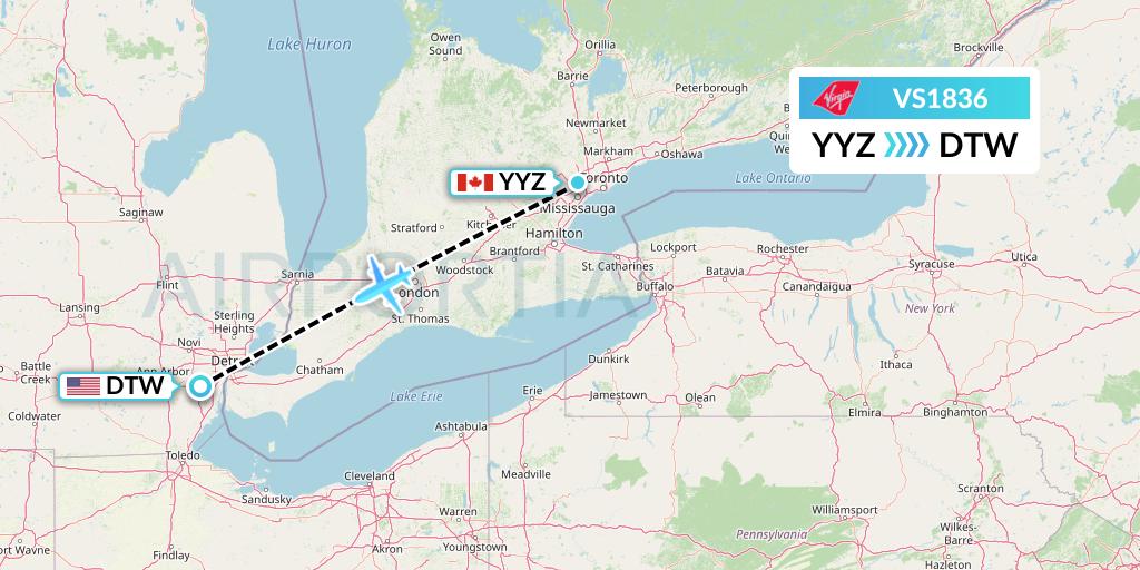 VS1836 Virgin Atlantic Airways Flight Map: Toronto to Detroit