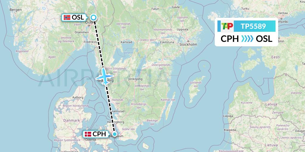 TP5589 TAP Portugal Flight Map: Copenhagen to Oslo