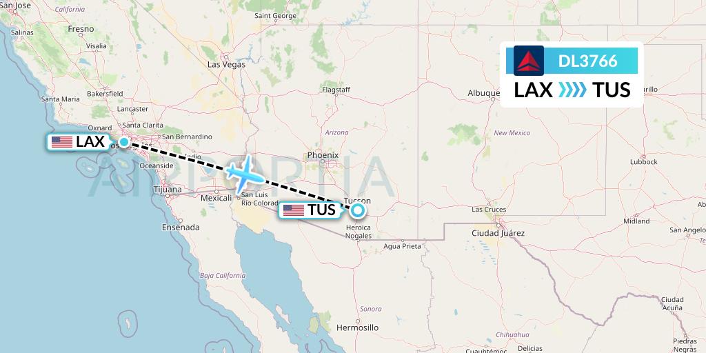 DL3766 Delta Air Lines Flight Map: Los Angeles to Tucson