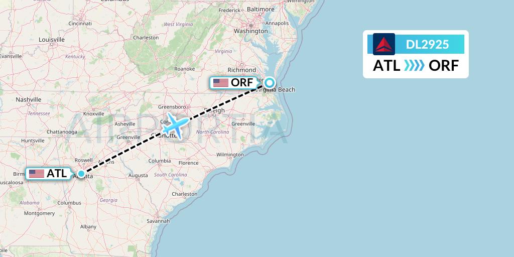 DL2925 Delta Air Lines Flight Map: Atlanta to Norfolk