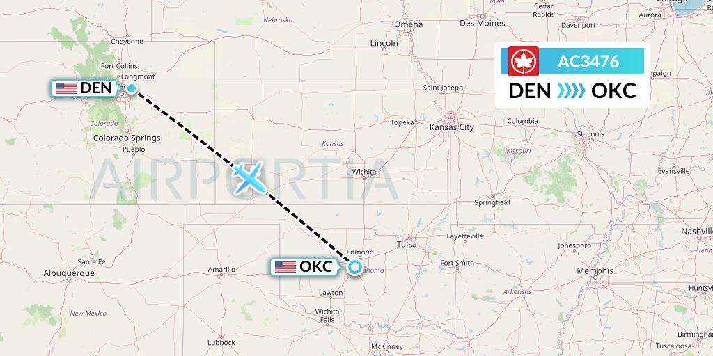 AC3476 Air Canada Flight Map: Denver to Oklahoma City