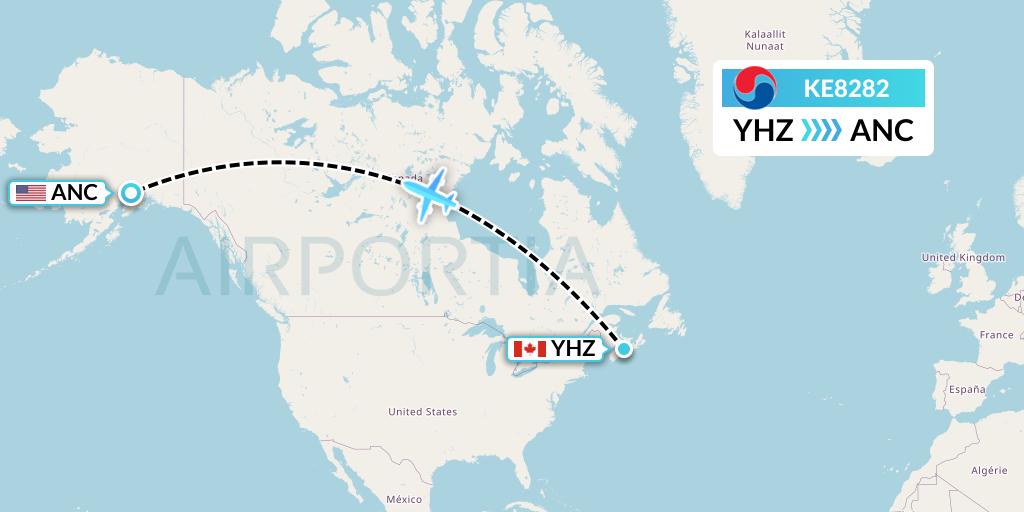 KE8282 Korean Air Flight Map: Halifax to Anchorage