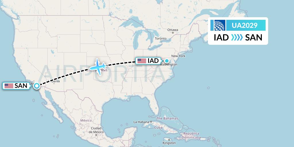 UA2029 United Airlines Flight Map: Washington to San Diego