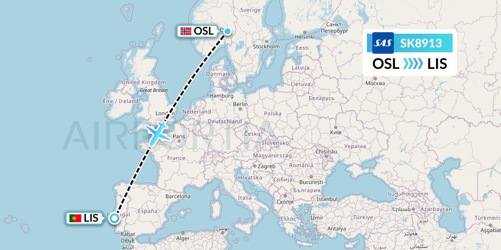 SK8913 SAS Flight Map: Oslo to Lisbon