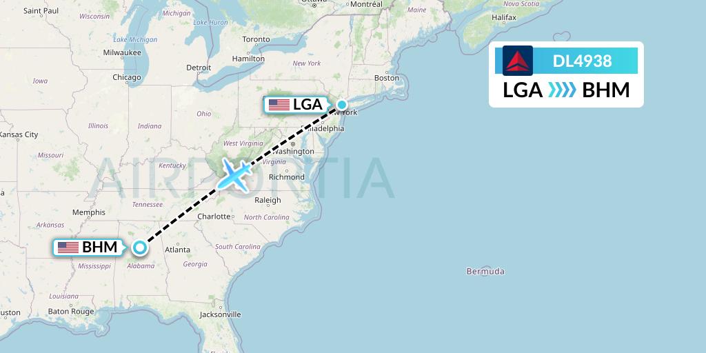 DL4938 Delta Air Lines Flight Map: New York to Birmingham