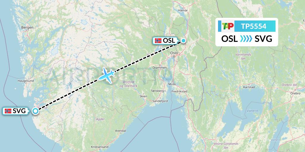 TP5554 TAP Portugal Flight Map: Oslo to Stavanger