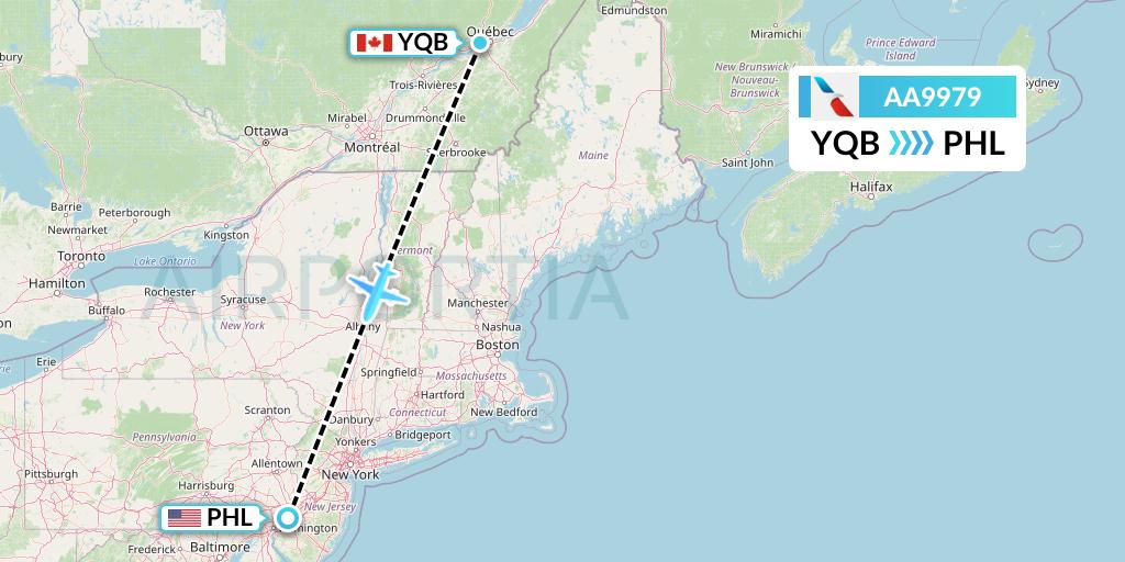 AA9979 American Airlines Flight Map: Quebec to Philadelphia