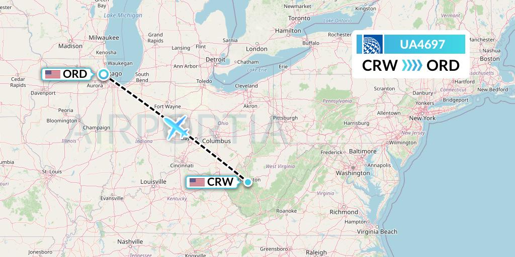 UA4697 United Airlines Flight Map: Charleston to Chicago