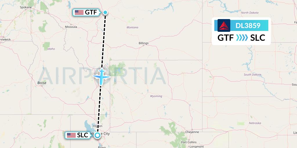 DL3859 Delta Air Lines Flight Map: Great Falls to Salt Lake City