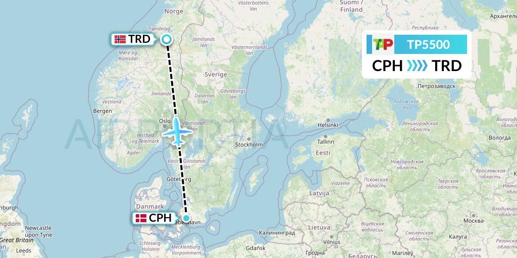 TP5500 TAP Portugal Flight Map: Copenhagen to Trondheim