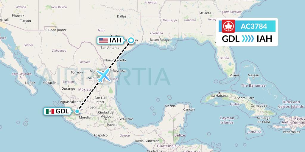 AC3784 Air Canada Flight Map: Guadalajara to Houston