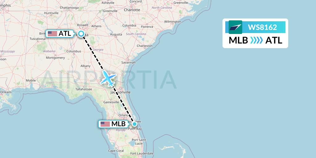 WS8162 WestJet Flight Map: Melbourne to Atlanta
