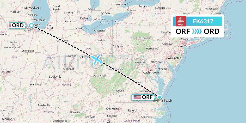 EK6317 Emirates Flight Map: Norfolk to Chicago