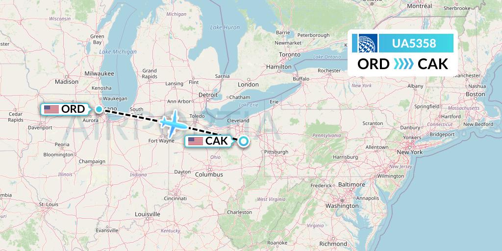 UA5358 United Airlines Flight Map: Chicago to Akron