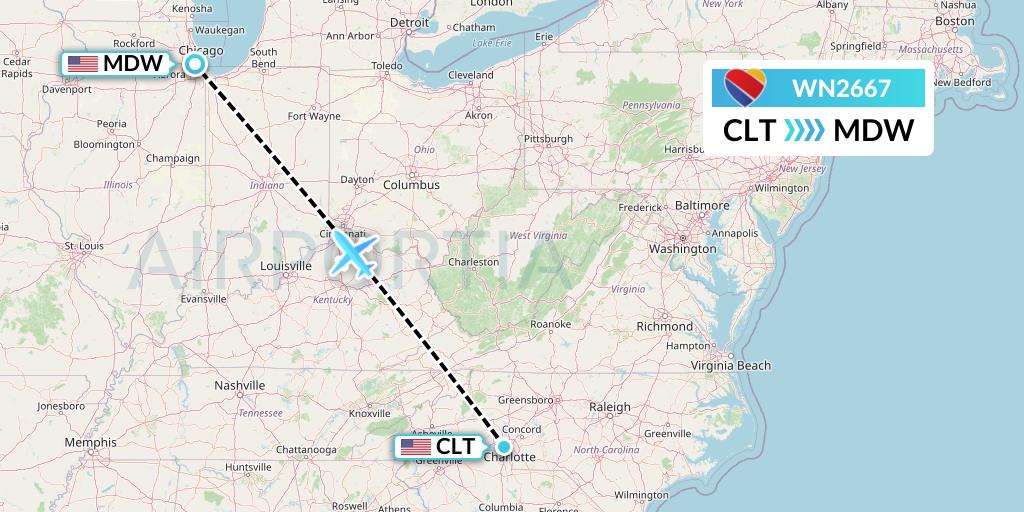 WN2667 Southwest Airlines Flight Map: Charlotte to Chicago