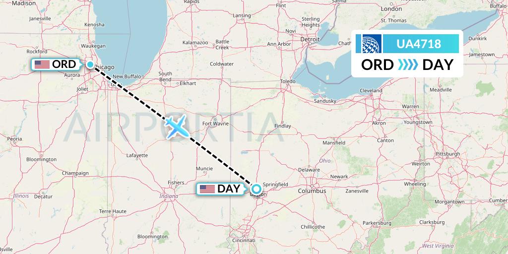 UA4718 United Airlines Flight Map: Chicago to Dayton