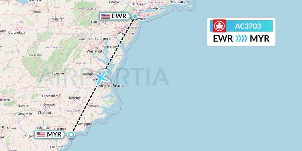 AC3703 Air Canada Flight Map: New York to Myrtle Beach