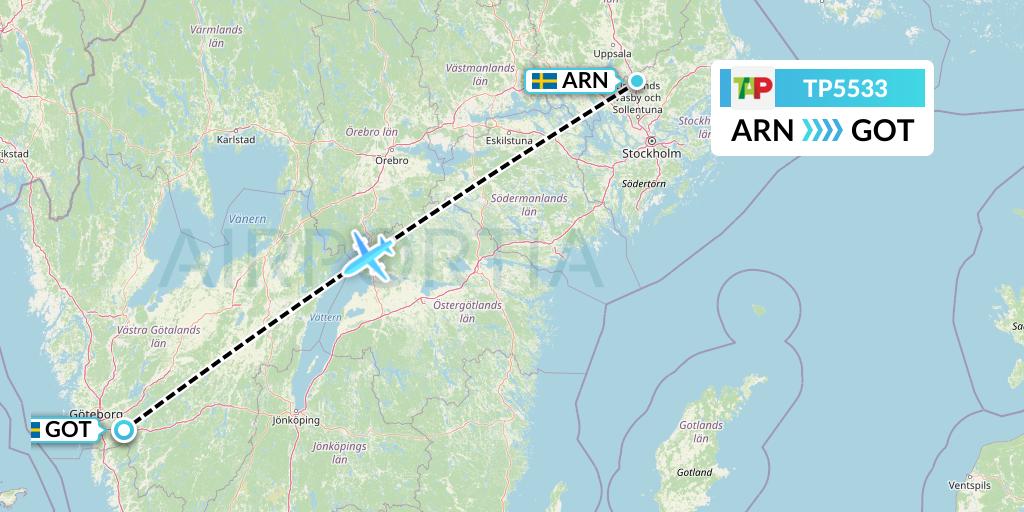 TP5533 TAP Portugal Flight Map: Stockholm to Gothenburg