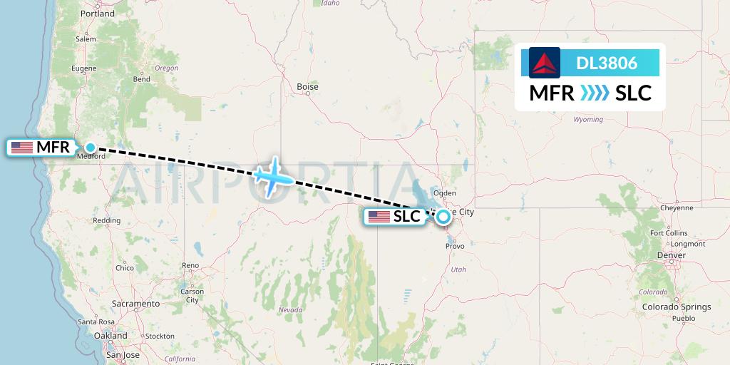 DL3806 Delta Air Lines Flight Map: Medford to Salt Lake City