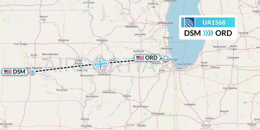 UA1568 United Airlines Flight Map: Des Moines to Chicago