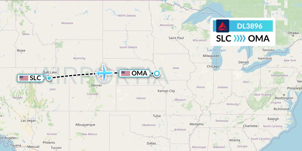 DL3896 Delta Air Lines Flight Map: Salt Lake City to Omaha