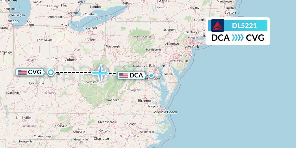 DL5221 Delta Air Lines Flight Map: Washington to Cincinnati