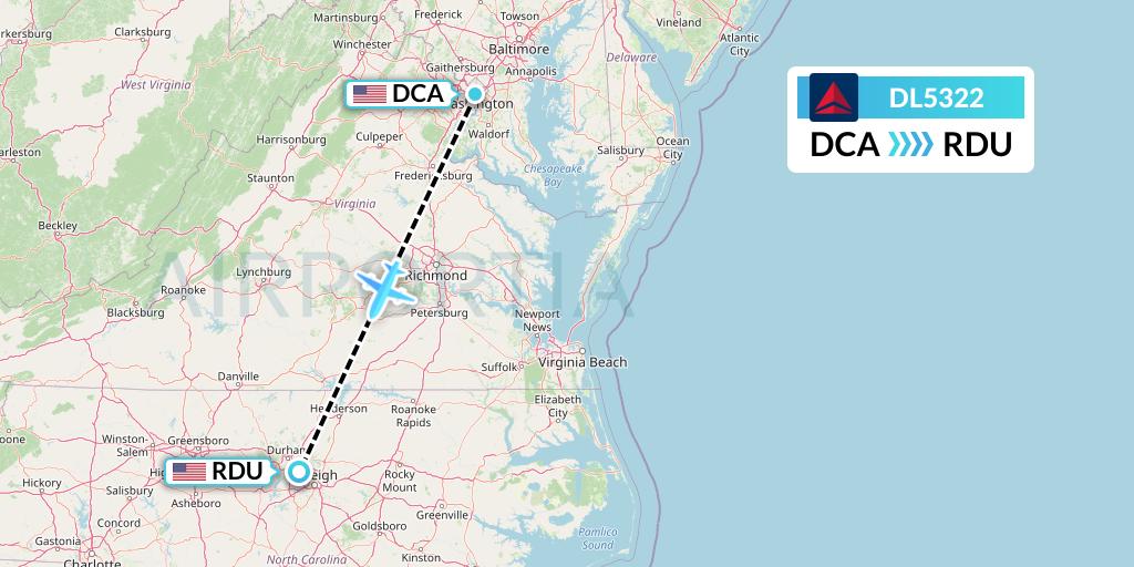 DL5322 Delta Air Lines Flight Map: Washington to Raleigh-Durham