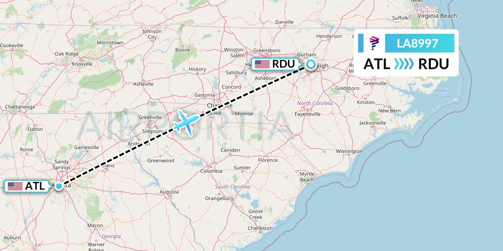 LA8997 LAN Airlines Flight Map: Atlanta to Raleigh-Durham