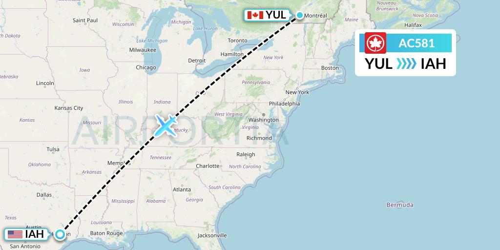 AC581 Air Canada Flight Map: Montreal to Houston