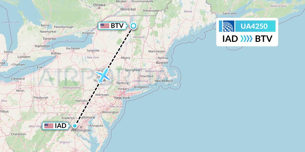 UA4250 United Airlines Flight Map: Washington to Burlington
