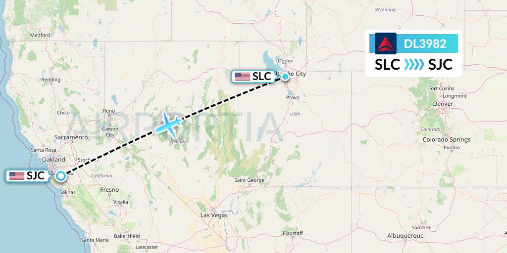 DL3982 Delta Air Lines Flight Map: Salt Lake City to San Jose