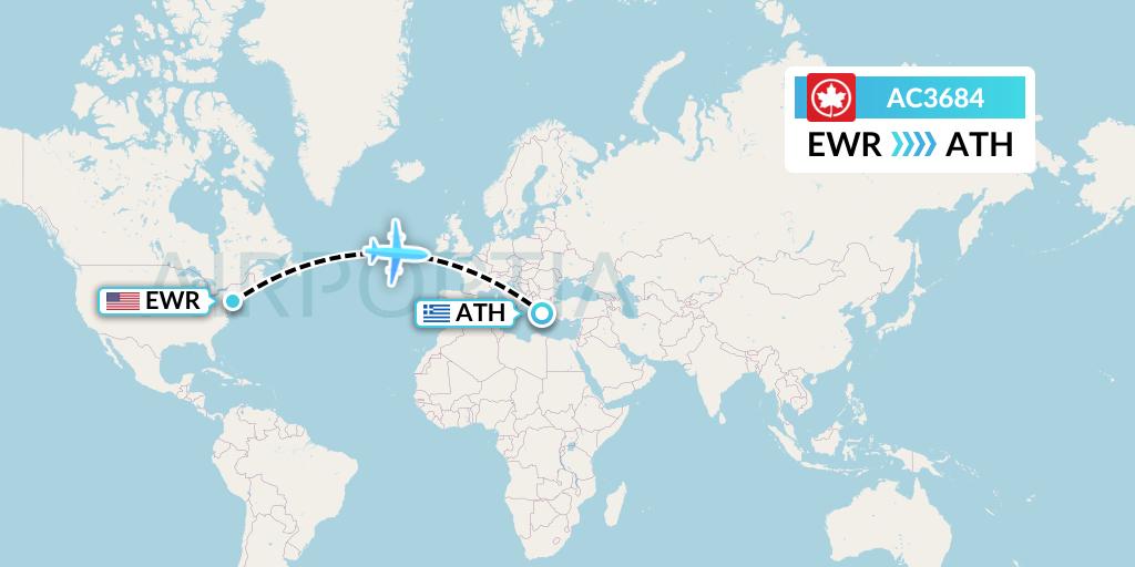 AC3684 Air Canada Flight Map: New York to Athens