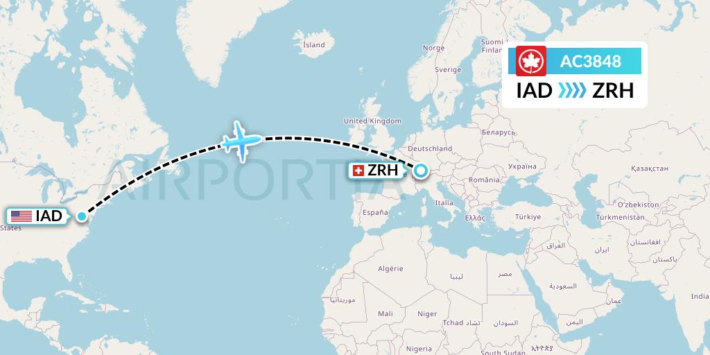 AC3848 Air Canada Flight Map: Washington to Zurich