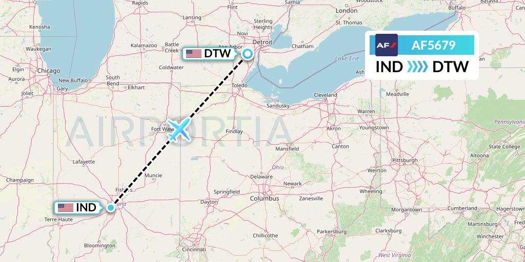 AF5679 Air France Flight Map: Indianapolis to Detroit
