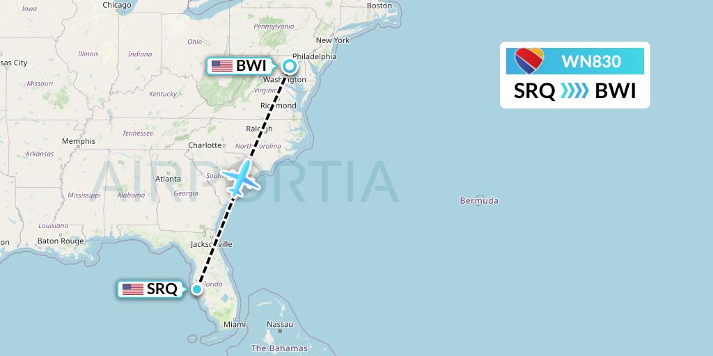WN830 Southwest Airlines Flight Map: Sarasota to Baltimore