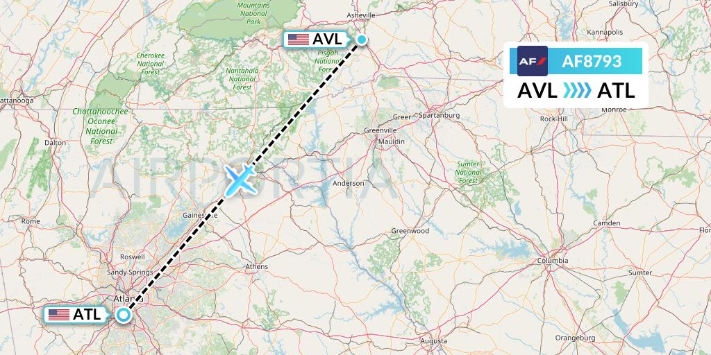 AF8793 Air France Flight Map: Asheville to Atlanta