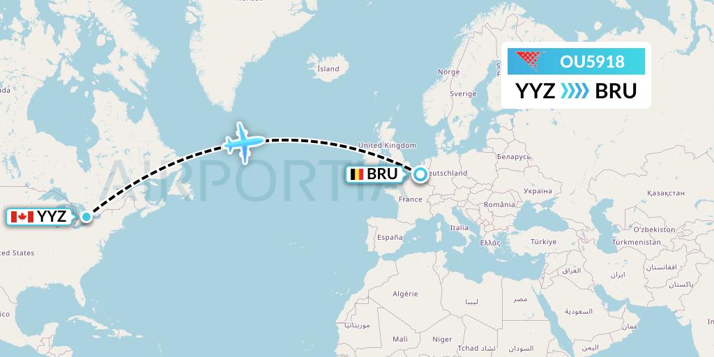 OU5918 Croatia Airlines Flight Map: Toronto to Brussels