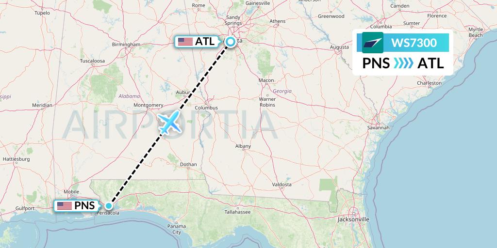 WS7300 WestJet Flight Map: Pensacola to Atlanta