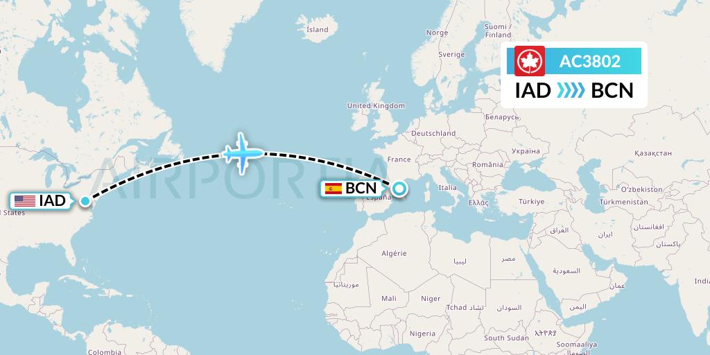 AC3802 Air Canada Flight Map: Washington to Barcelona