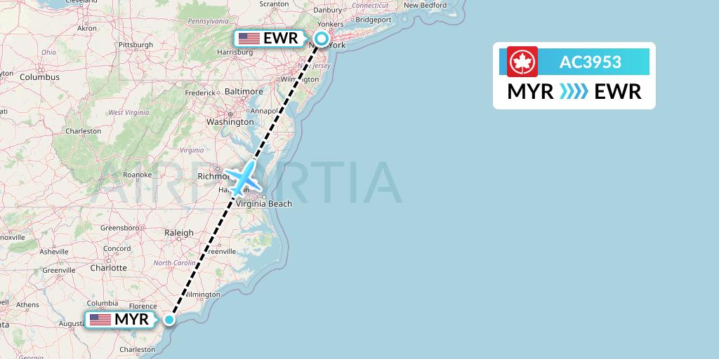 AC3953 Air Canada Flight Map: Myrtle Beach to New York