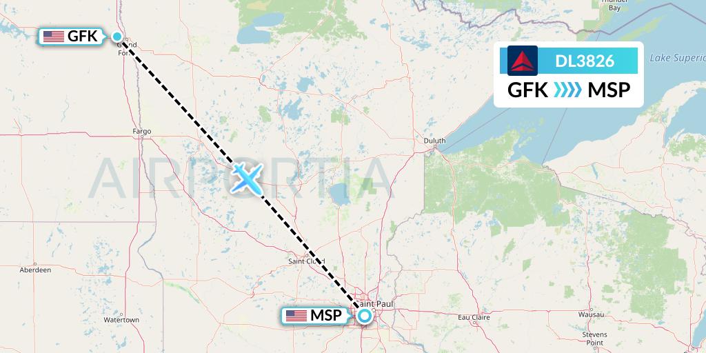 DL3826 Delta Air Lines Flight Map: Grand Forks to Minneapolis