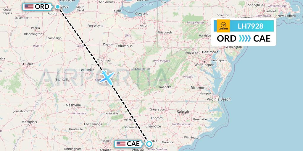 LH7928 Lufthansa Flight Map: Chicago to Columbia