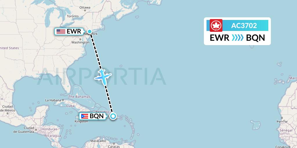 AC3702 Air Canada Flight Map: New York to Aguadilla