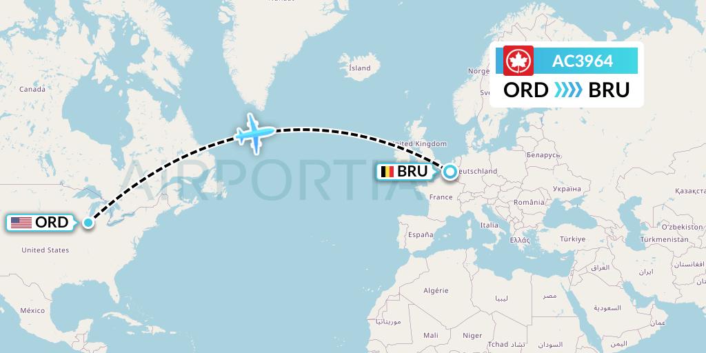 AC3964 Air Canada Flight Map: Chicago to Brussels